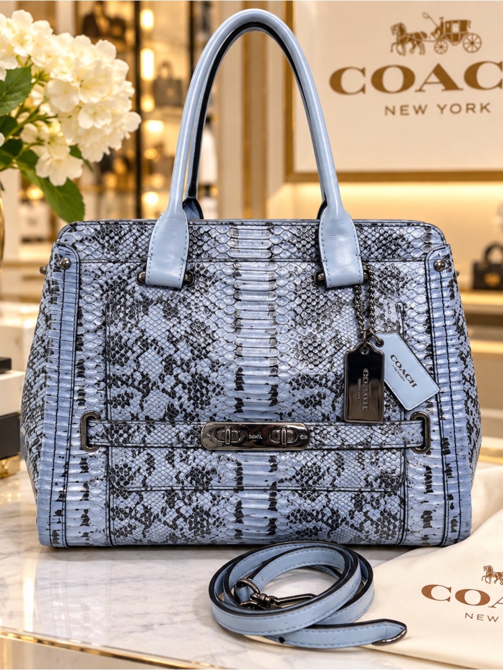 Coach Rare Corn Flower Blue Snake-Embossed Large Swagger